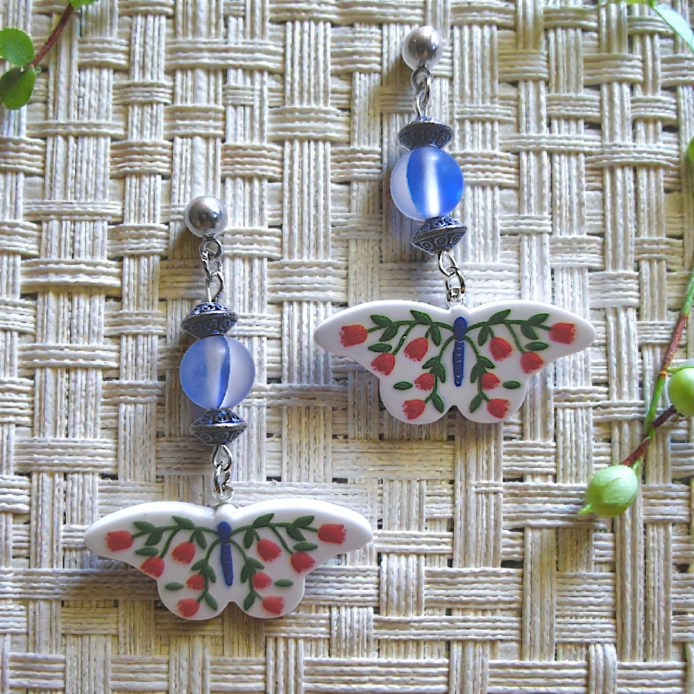 Spring Garden Tulip Butterfly Mixed Media Earrings